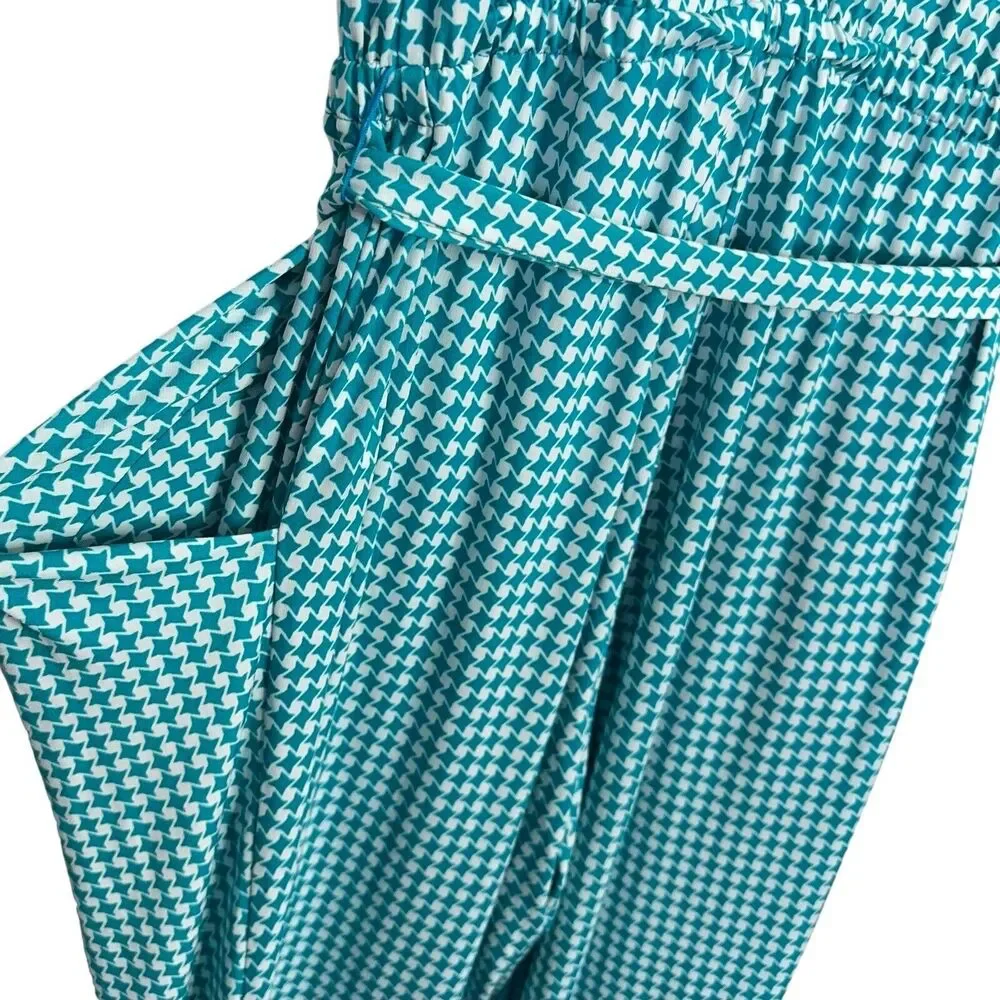 Michael Kors Teal White Houndstooth Print Sleeveless Jumpsuit Women's Size Large